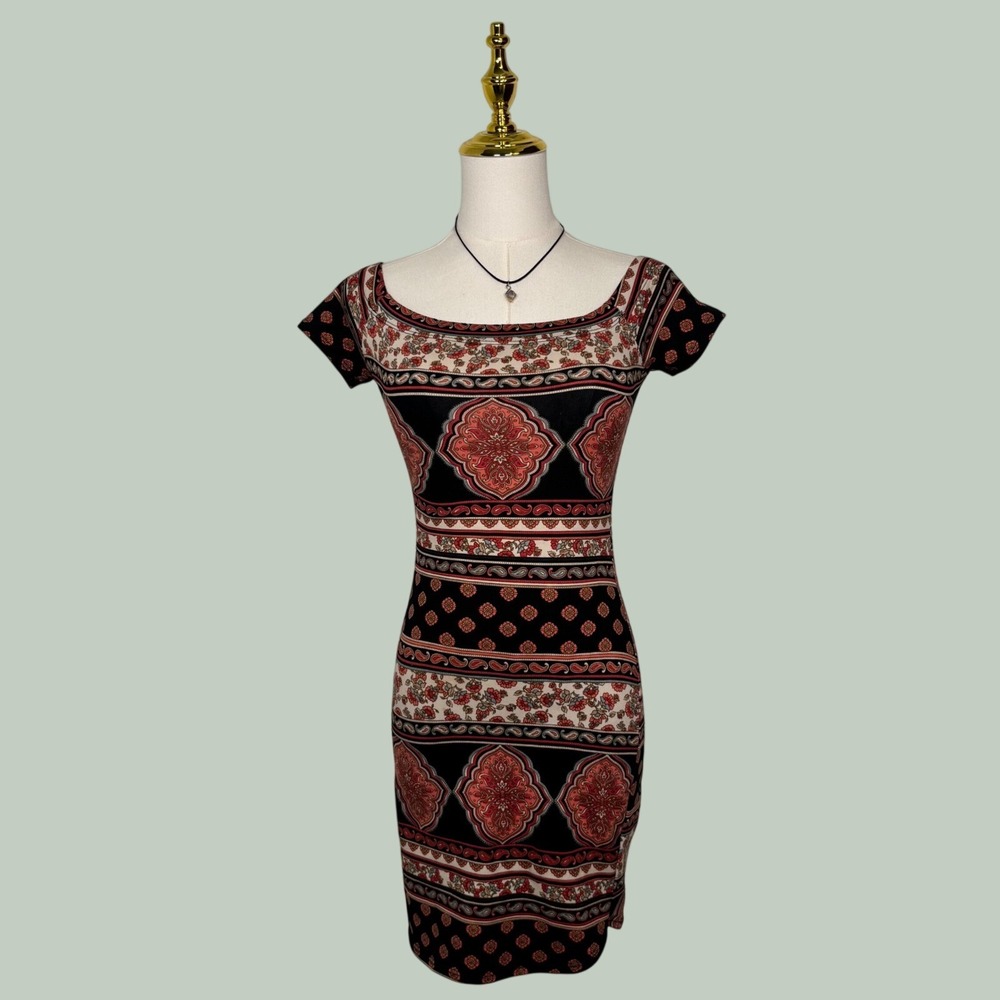 vintage‎ 90s 579 geometric boho black pink Y2K mini dress indie grunge festival
